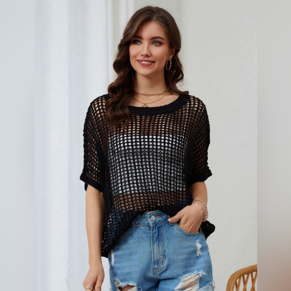 Black Open Weave Crochet Knit Fish net Drop Shoulder Top - Picture 4 of 15